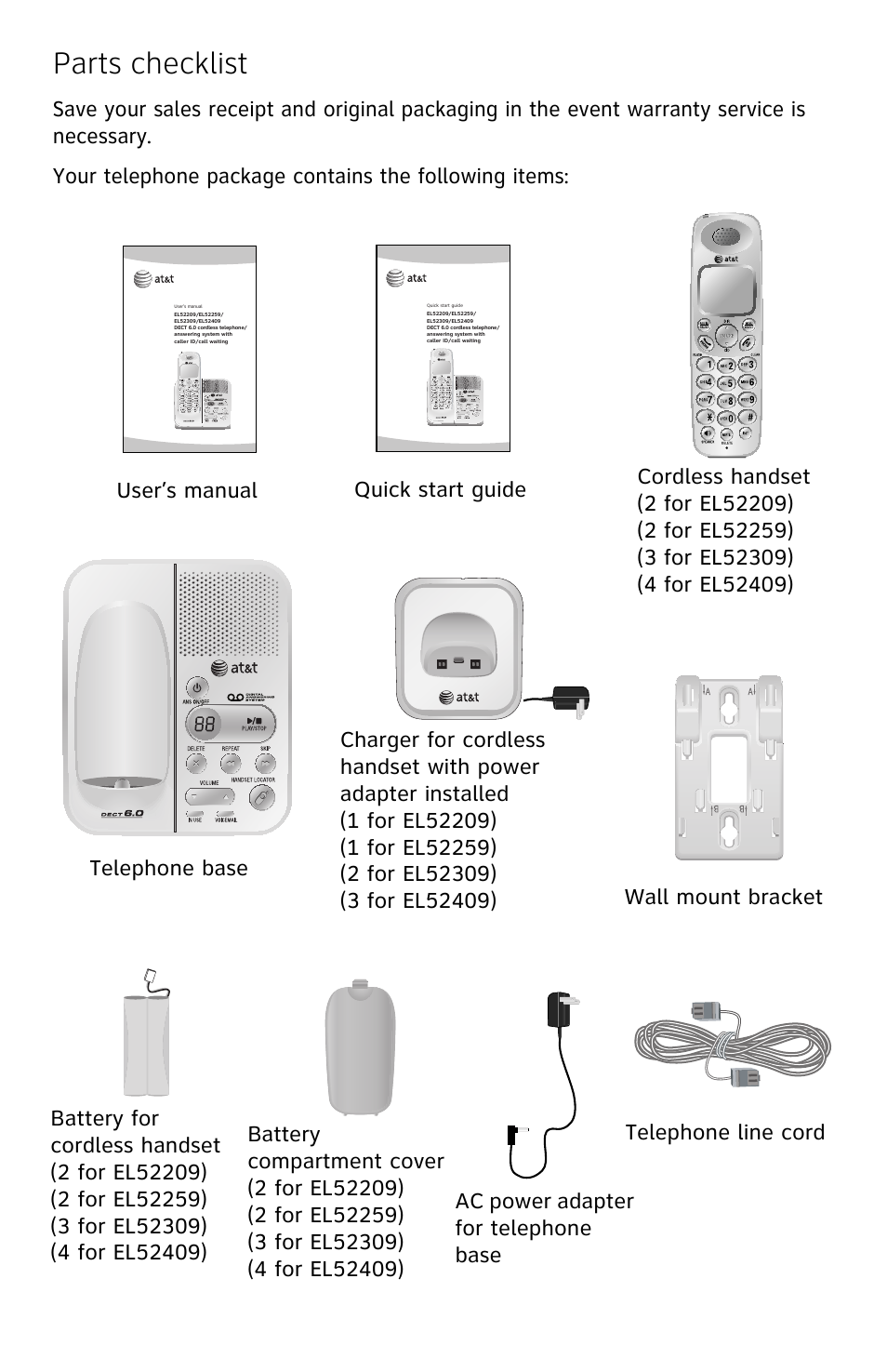 Wall mount bracket, Parts checklist, User’s manual | Quick start guide, Cordless handset, 2 for el52209), 2 for el52259), 3 for el52309), 4 for el52409), Battery for cordless handset | AT&T EL52209 User Manual | Page 3 / 73