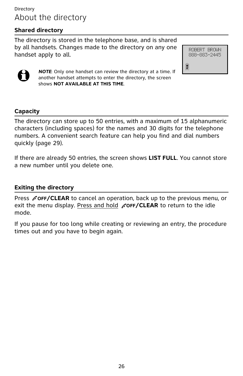 About the directory, Shared directory, Capacity | Exiting the directory, Shared directory capacity exiting the directory | AT&T EL52209 User Manual | Page 31 / 73
