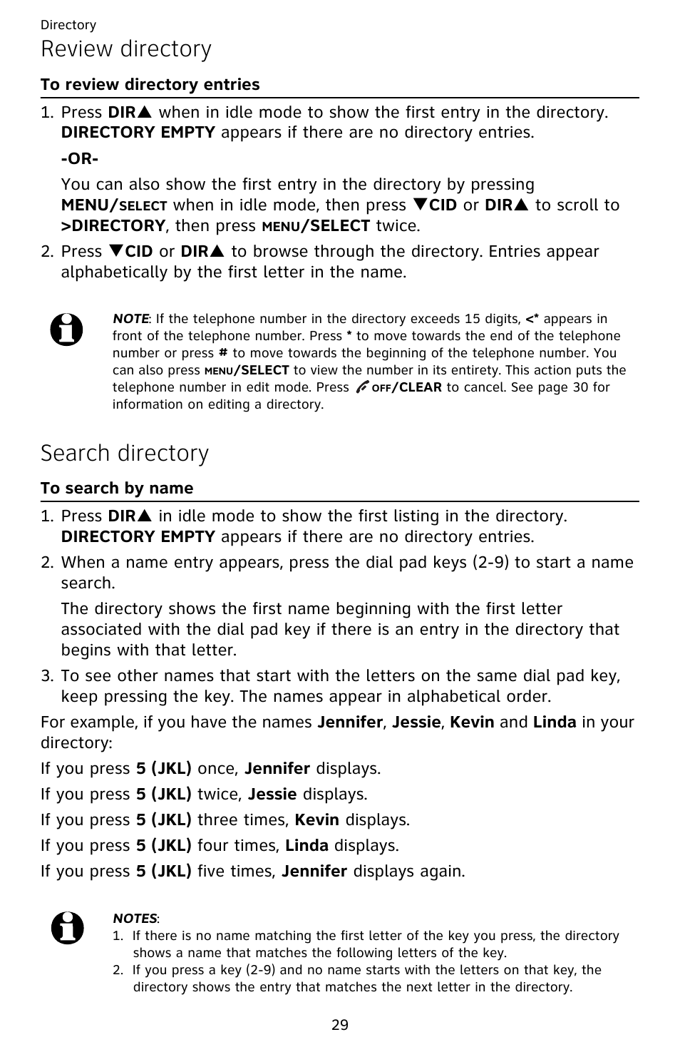 Review directory, To review directory entries, Search directory | To search by name | AT&T EL52209 User Manual | Page 34 / 73