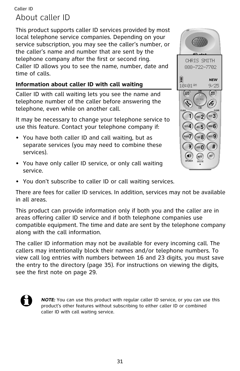 Chris smith, About caller id, Information about caller id with call waiting | AT&T EL52209 User Manual | Page 36 / 73