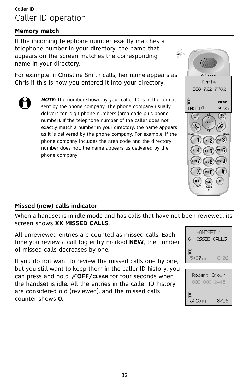 Caller id operation, Memory match, Missed (new) calls indicator | Chris, 6 missed calls, Handset 1, Robert brown, Memory match missed (new) calls indicator | AT&T EL52209 User Manual | Page 37 / 73