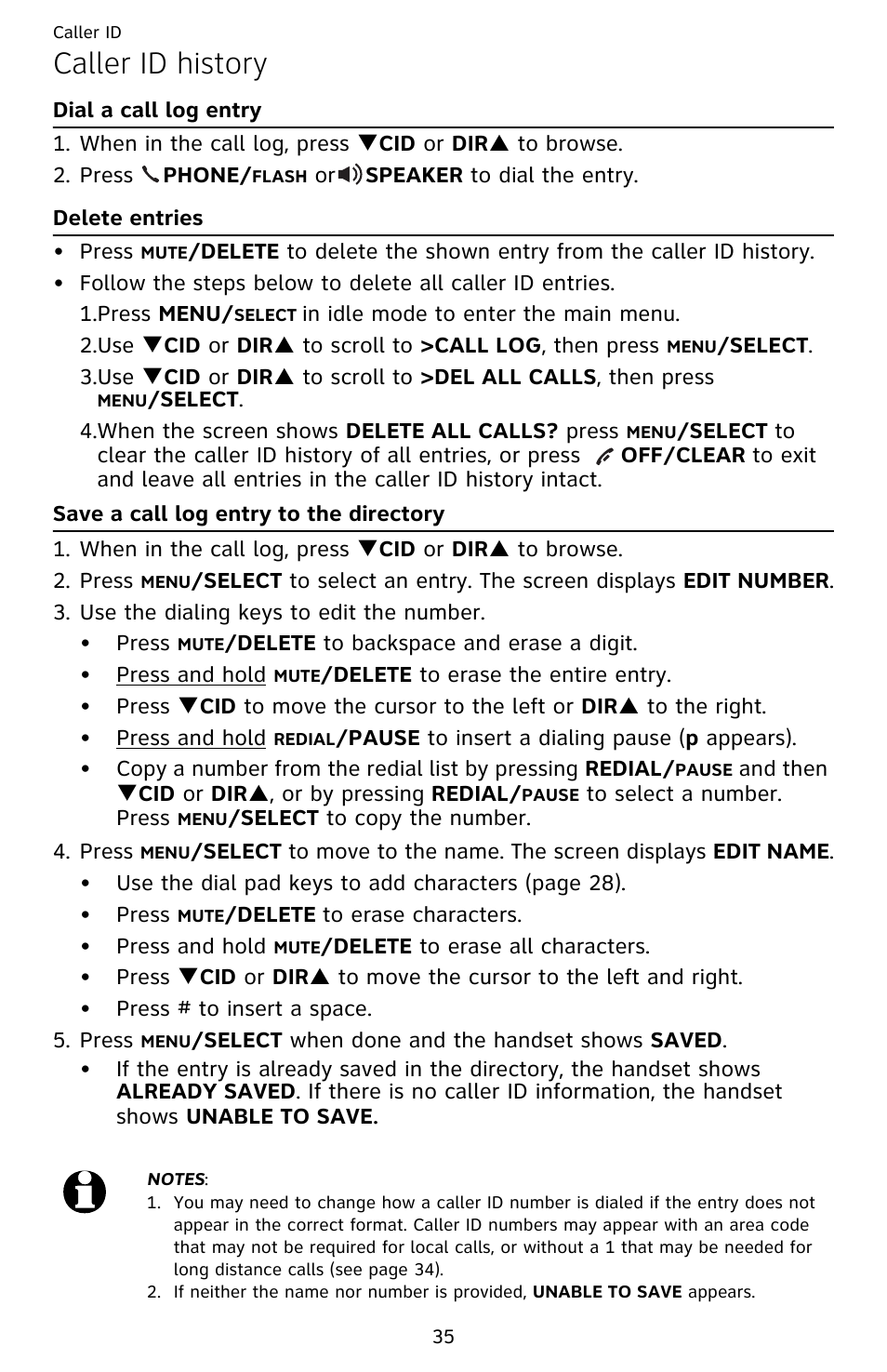 Caller id history, Dial a call log entry, Delete entries | Save a call log entry to the directory | AT&T EL52209 User Manual | Page 40 / 73