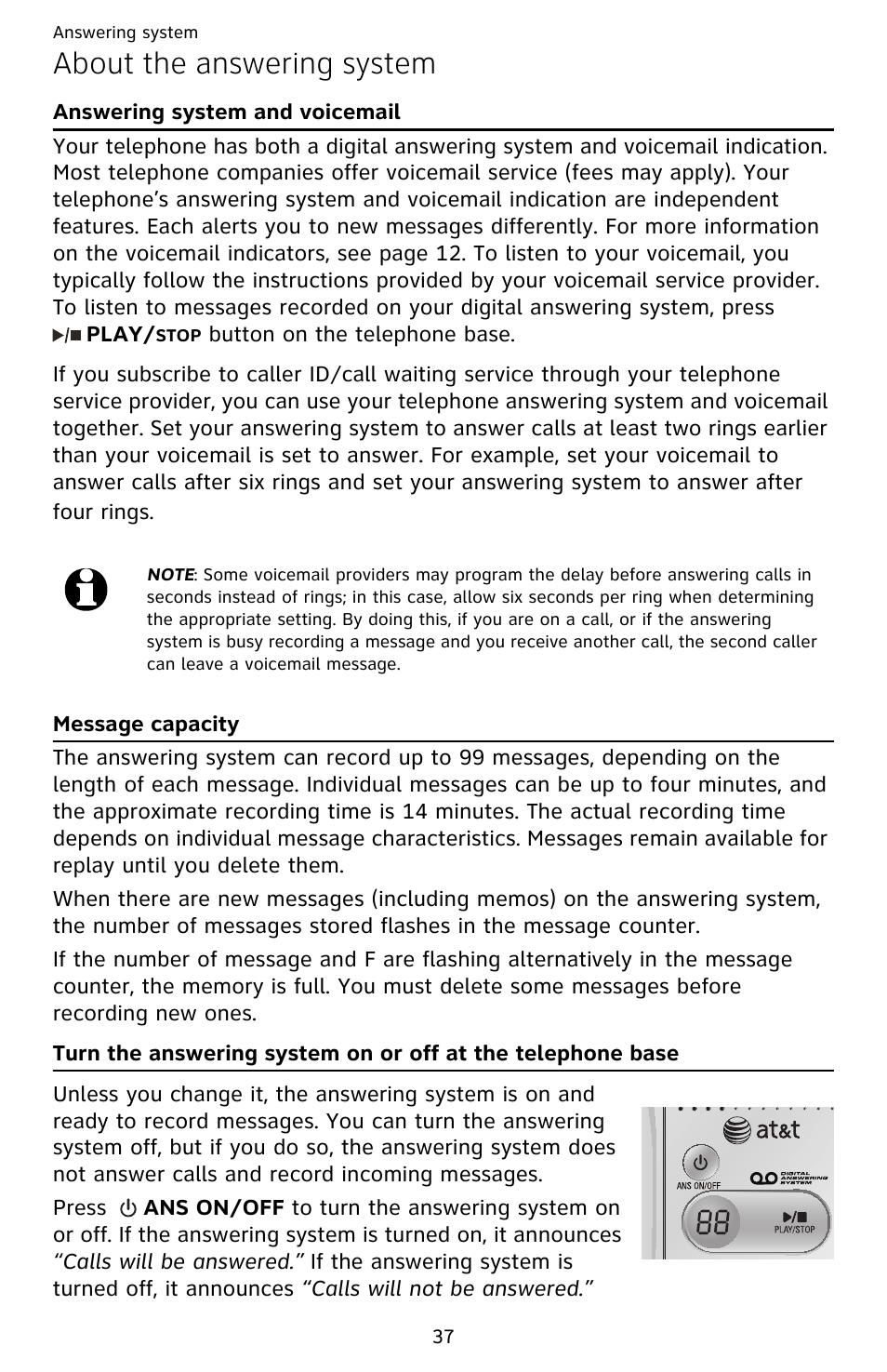 About the answering system, Answering system and voicemail, Message capacity | AT&T EL52209 User Manual | Page 42 / 73