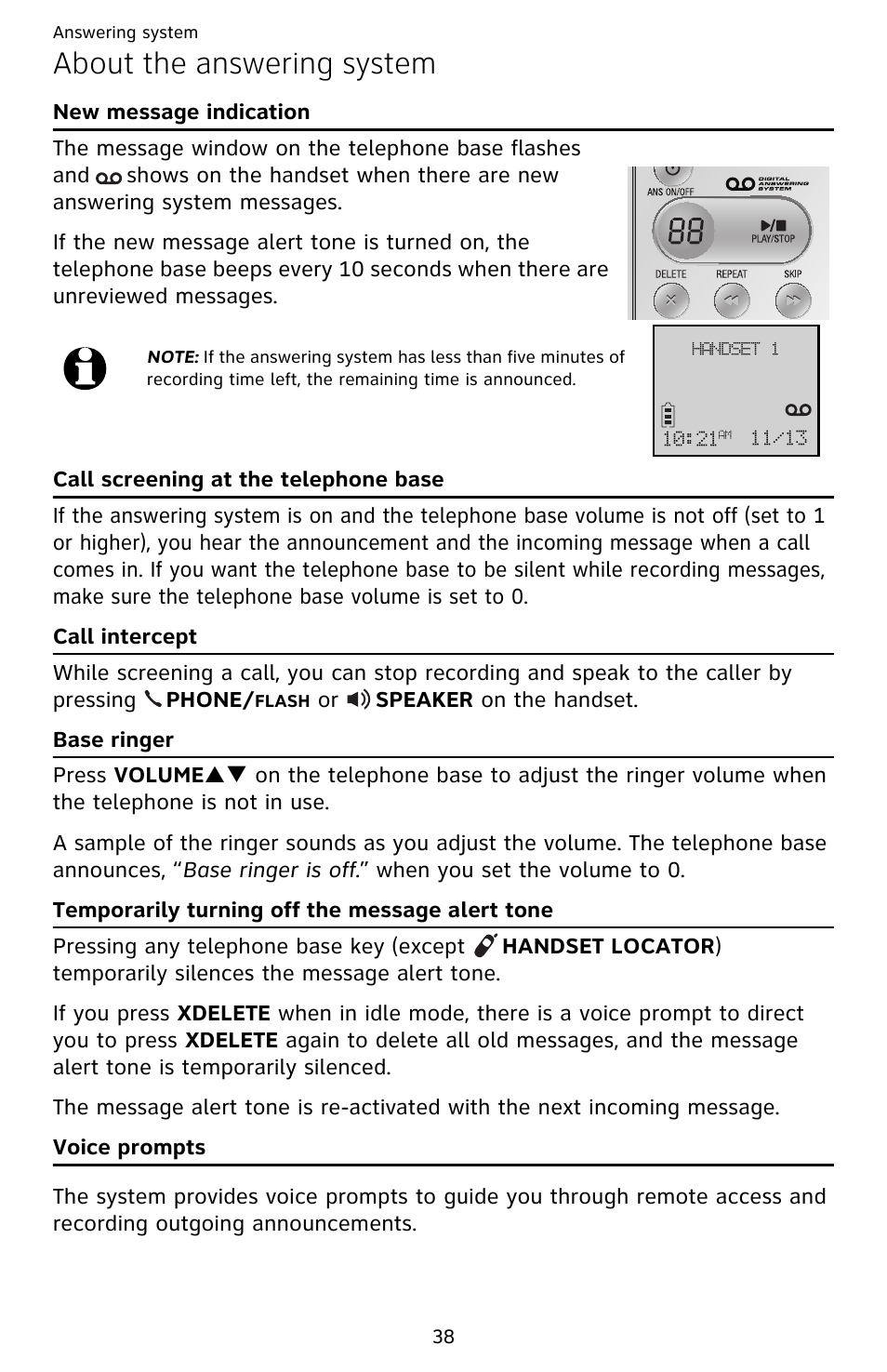 About the answering system, New message indication, Call screening at the telephone base | Call intercept, Base ringer, Temporarily turning off the message alert tone, Voice prompts | AT&T EL52209 User Manual | Page 43 / 73