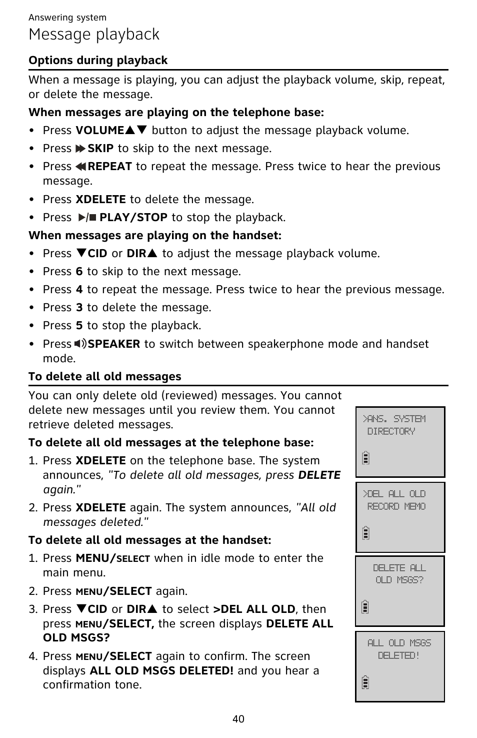 Message playback, Options during playback, To delete all old messages | Options during playback to delete all old messages | AT&T EL52209 User Manual | Page 45 / 73