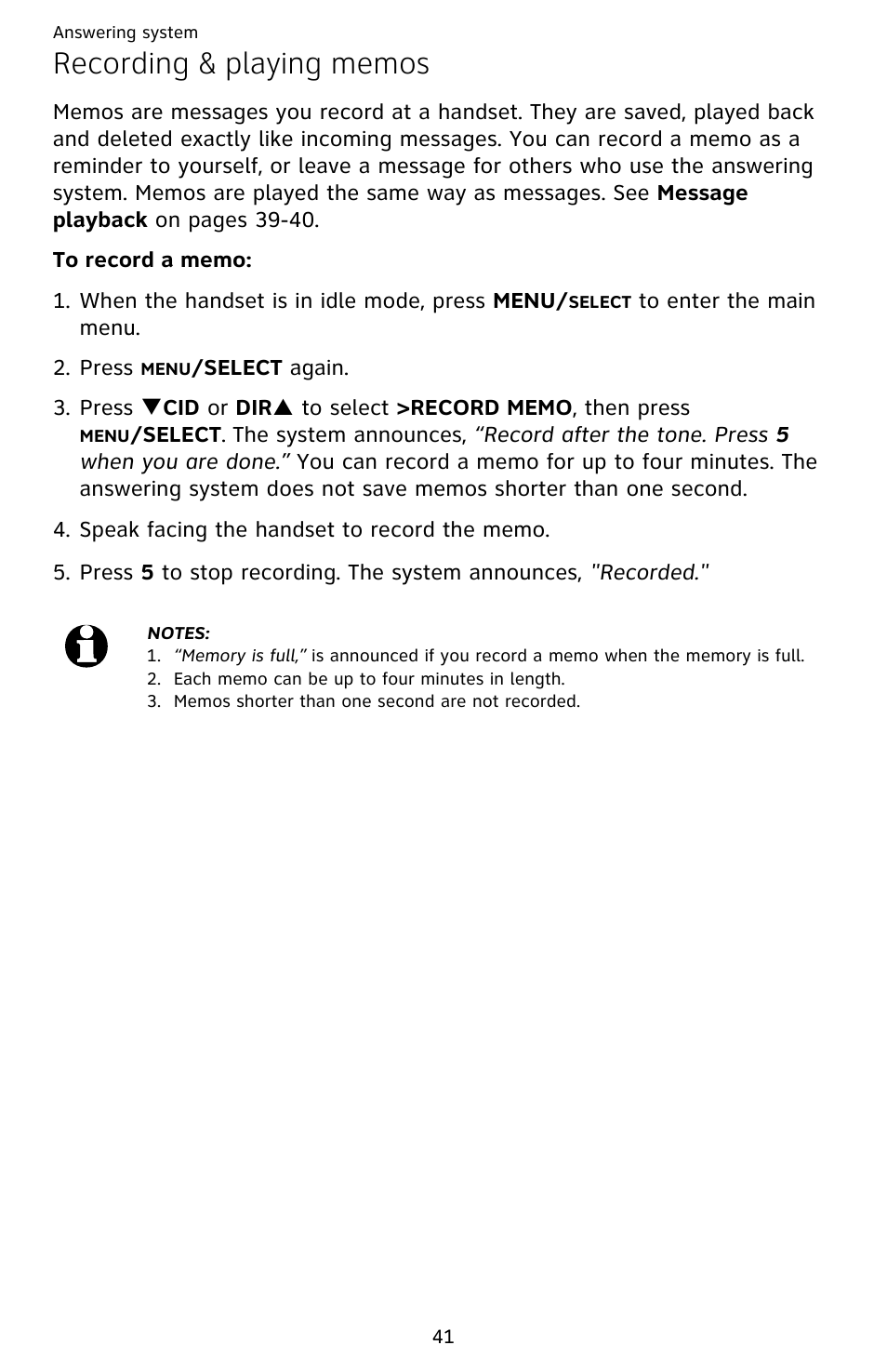Recording & playing memos | AT&T EL52209 User Manual | Page 46 / 73
