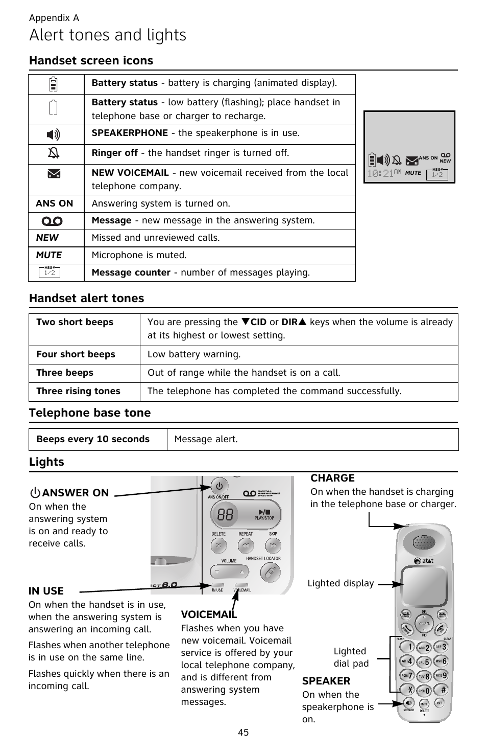Alert tones and lights, Handset screen icons, Handset alert tones | Telephone base tone, Lights | AT&T EL52209 User Manual | Page 50 / 73