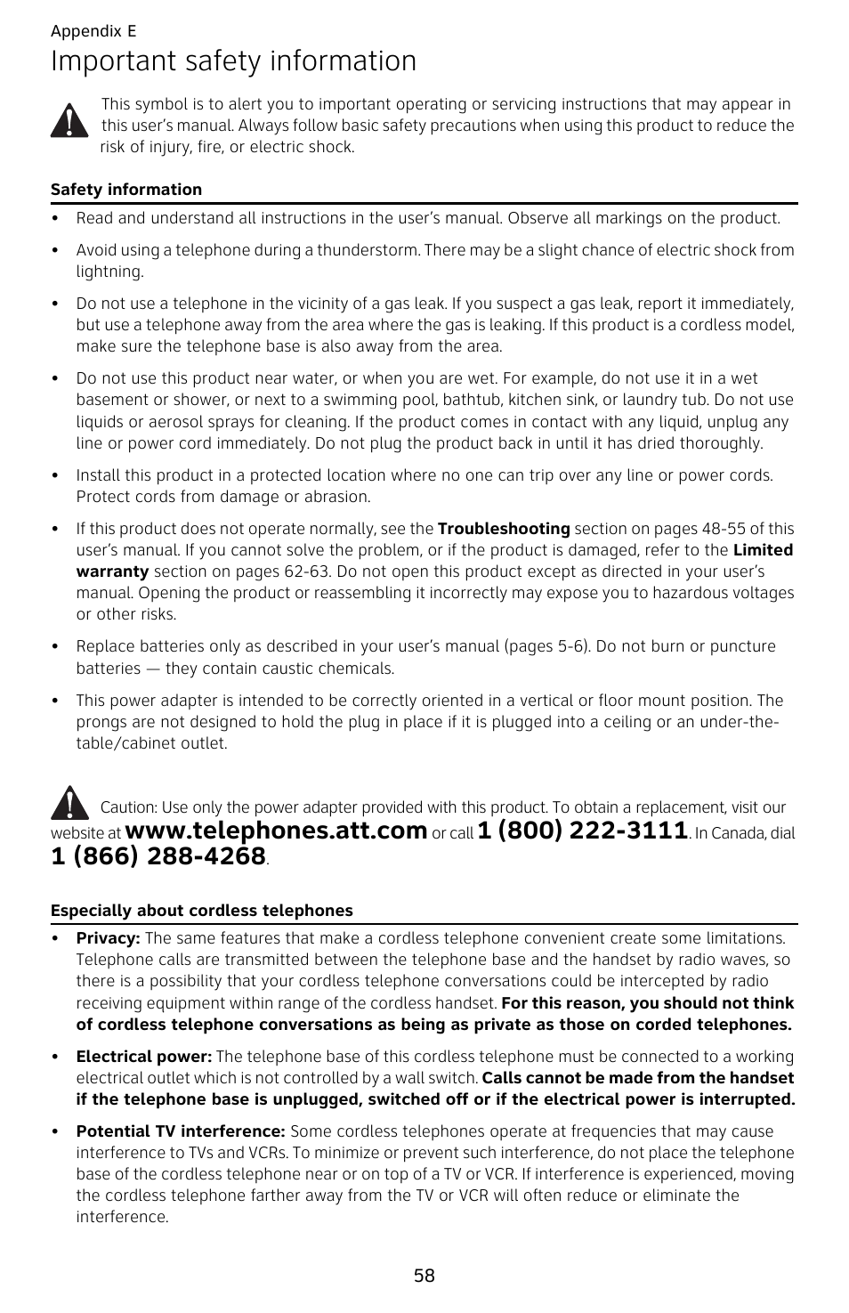 Important safety information, Safety information, Especially about cordless telephones | AT&T EL52209 User Manual | Page 63 / 73