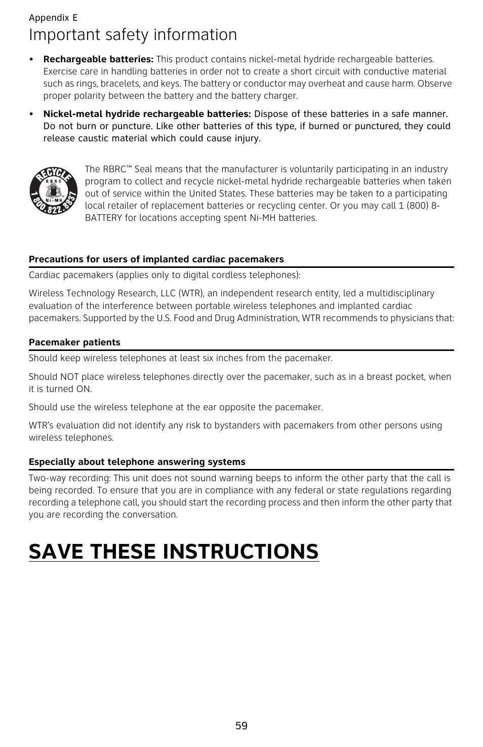 Important safety information, Pacemaker patients, Especially about telephone answering systems | Save these instructions | AT&T EL52209 User Manual | Page 64 / 73
