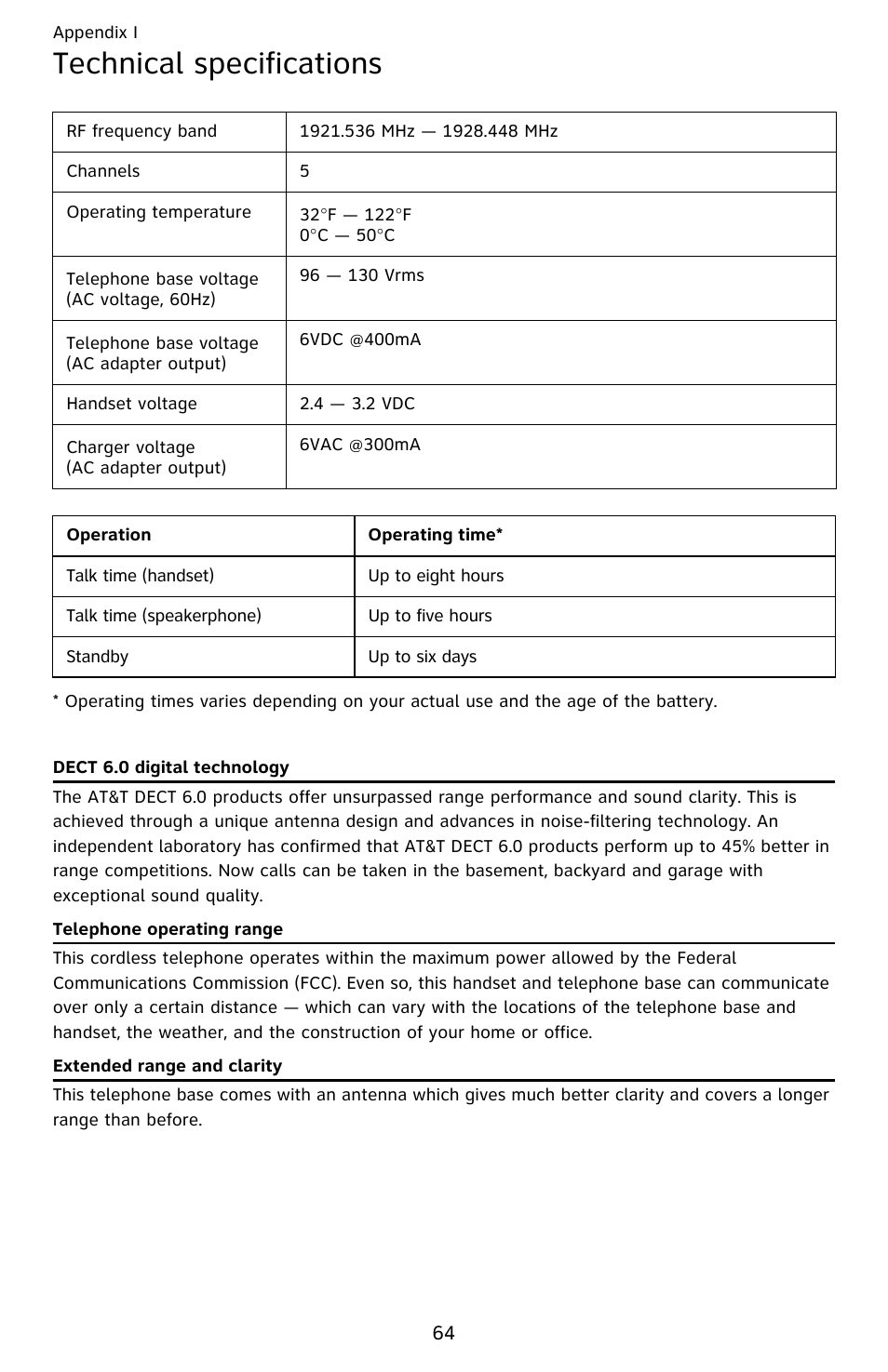 Technical specifications, Dect 6.0 digital technology, Telephone operating range | Extended range and clarity | AT&T EL52209 User Manual | Page 69 / 73