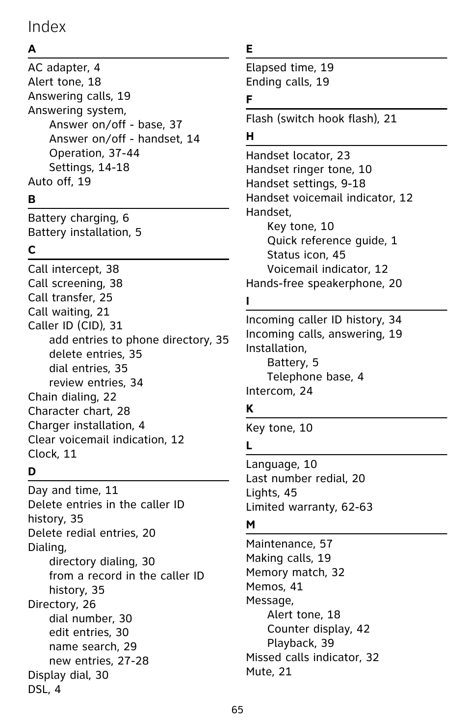 Index | AT&T EL52209 User Manual | Page 70 / 73