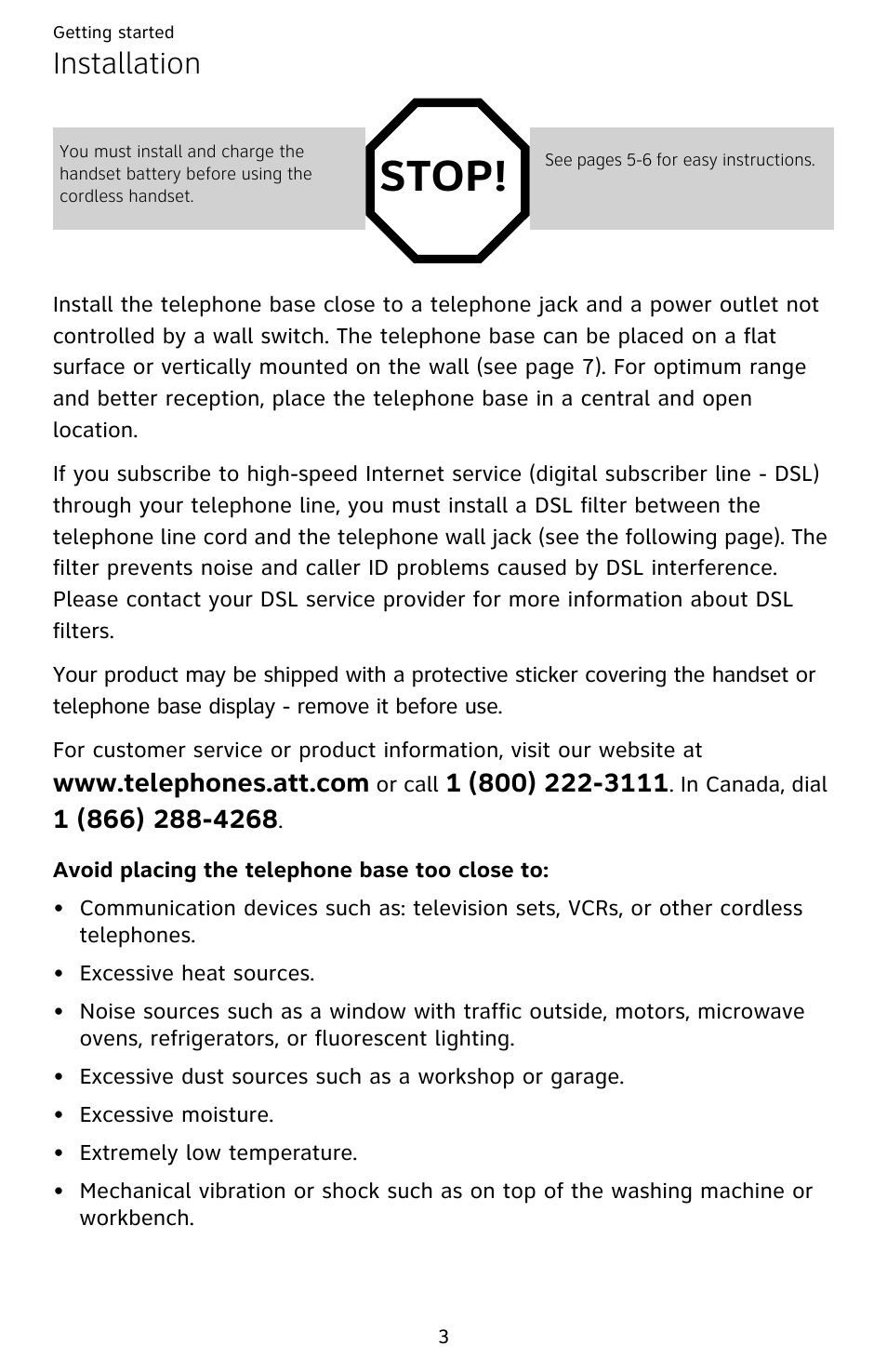 Installation, Stop | AT&T EL52209 User Manual | Page 8 / 73