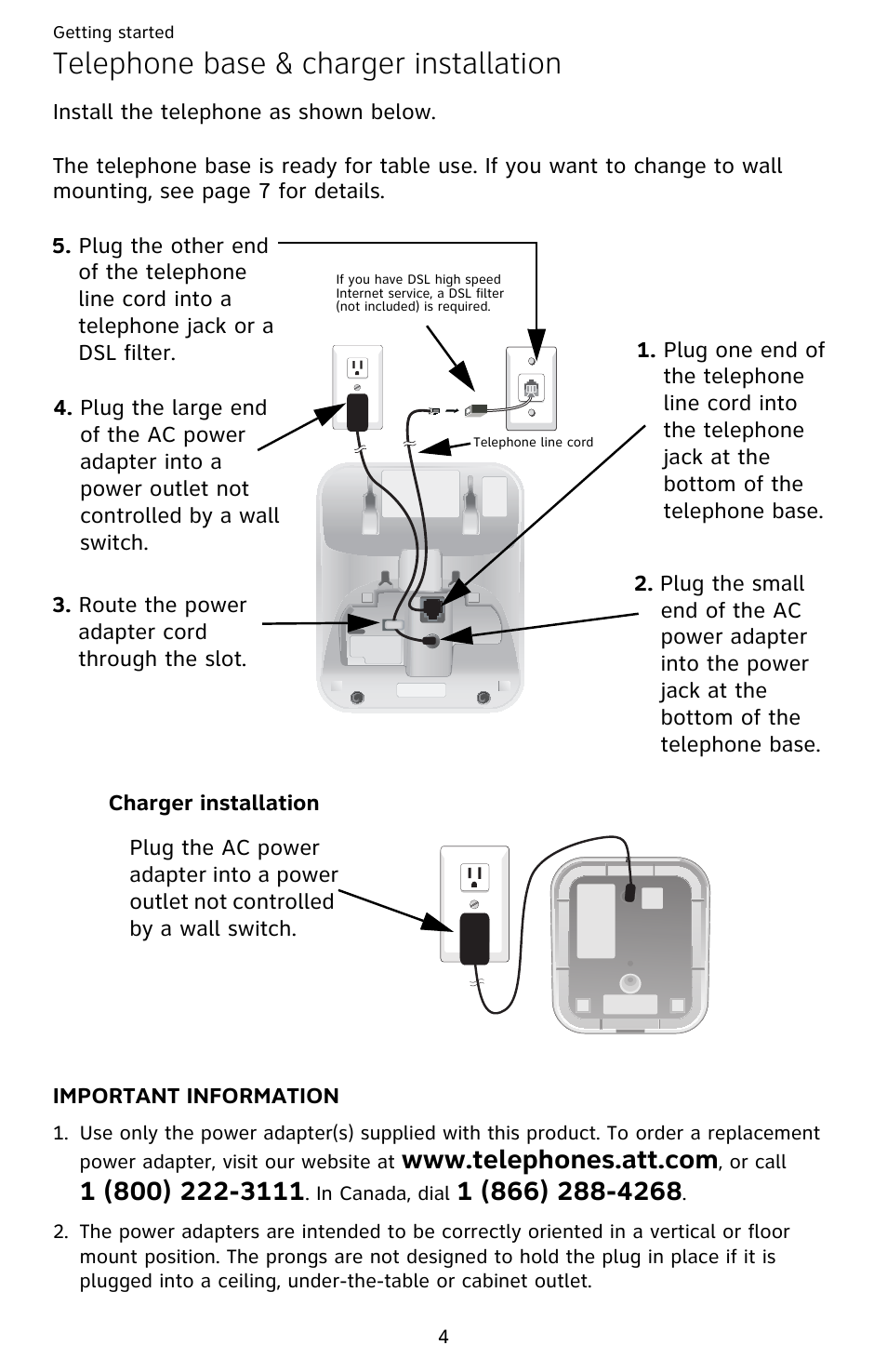 Telephone base & charger installation | AT&T EL52209 User Manual | Page 9 / 73