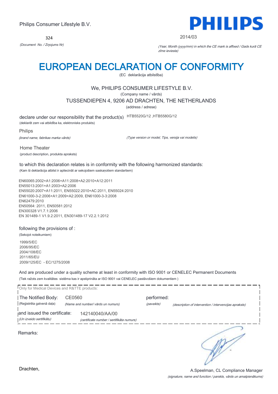 European declaration of conformity | Philips Home Cinéma Blu-ray 3D 5 enceintes User Manual | Page 12 / 22