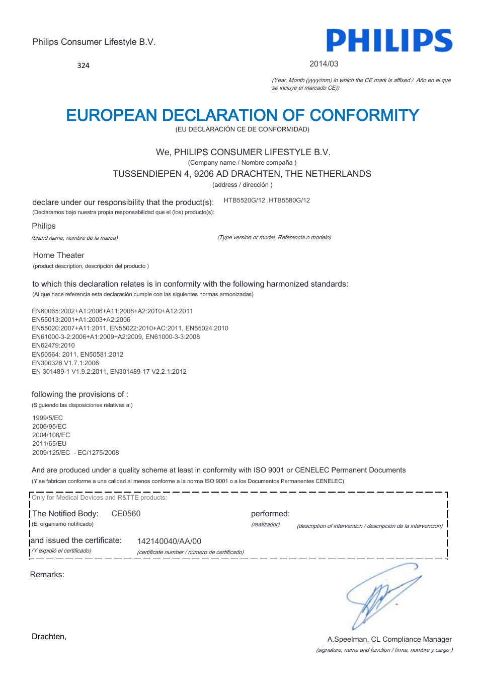 European declaration of conformity | Philips Home Cinéma Blu-ray 3D 5 enceintes User Manual | Page 7 / 22