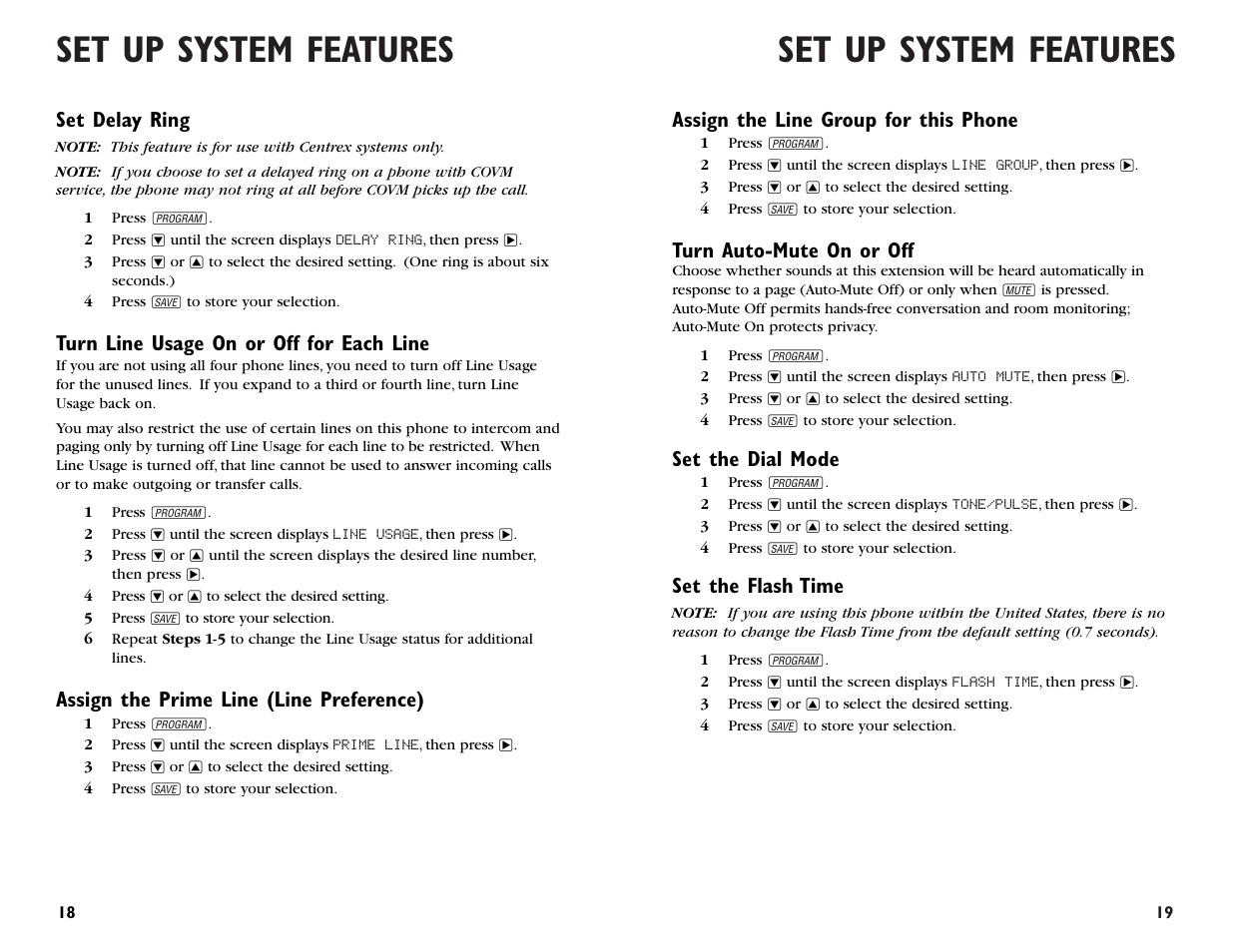 Set up system features, Assign the line group for this phone, Turn auto-mute on or off | Set the dial mode, Set the flash time, Set delay ring, Turn line usage on or off for each line, Assign the prime line (line preference) | AT&T 964 User Manual | Page 11 / 44