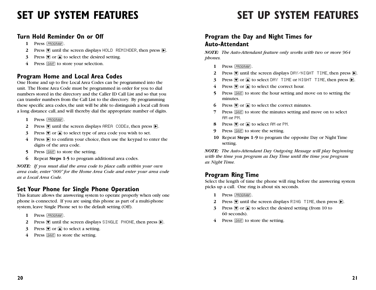 Set up system features, Program the day and night times for auto-attendant, Program ring time | Turn hold reminder on or off, Program home and local area codes, Set your phone for single phone operation | AT&T 964 User Manual | Page 12 / 44