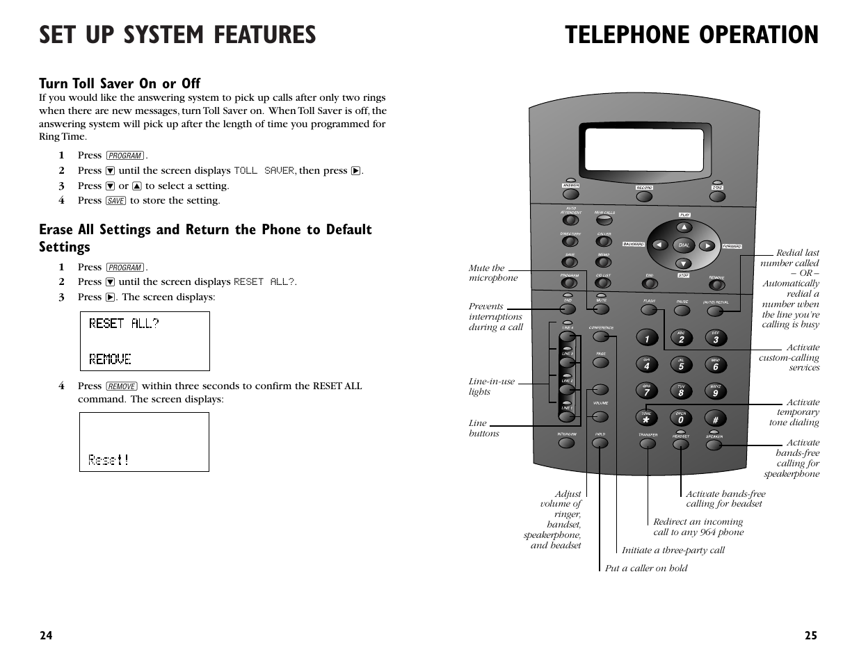 Set up system features, Telephone operation, Turn toll saver on or off | AT&T 964 User Manual | Page 14 / 44