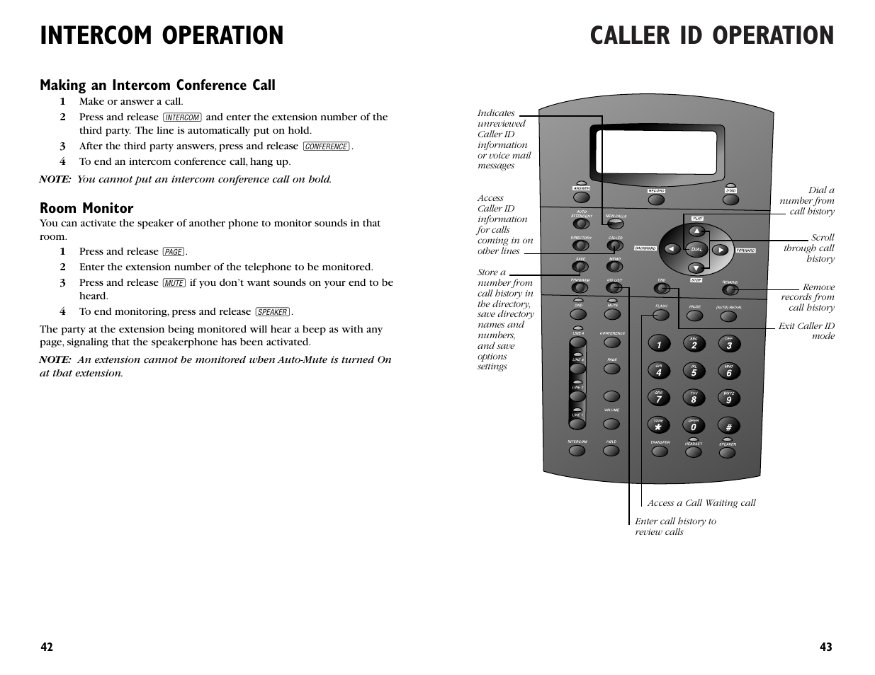 Caller id operation, Intercom operation, Making an intercom conference call | Room monitor | AT&T 964 User Manual | Page 23 / 44