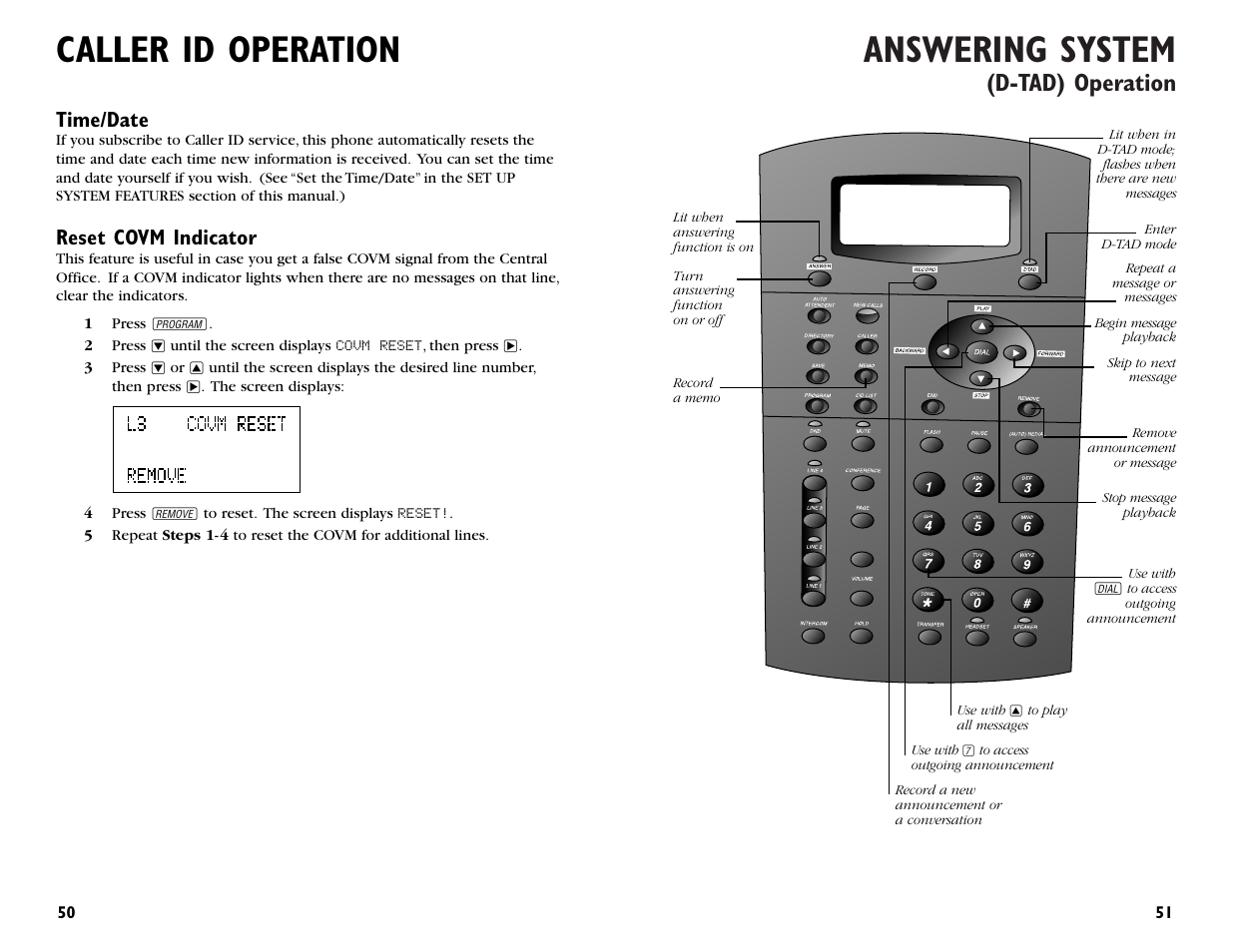 Answering system, Caller id operation, D-tad) operation | Time/date, Reset covm indicator | AT&T 964 User Manual | Page 27 / 44