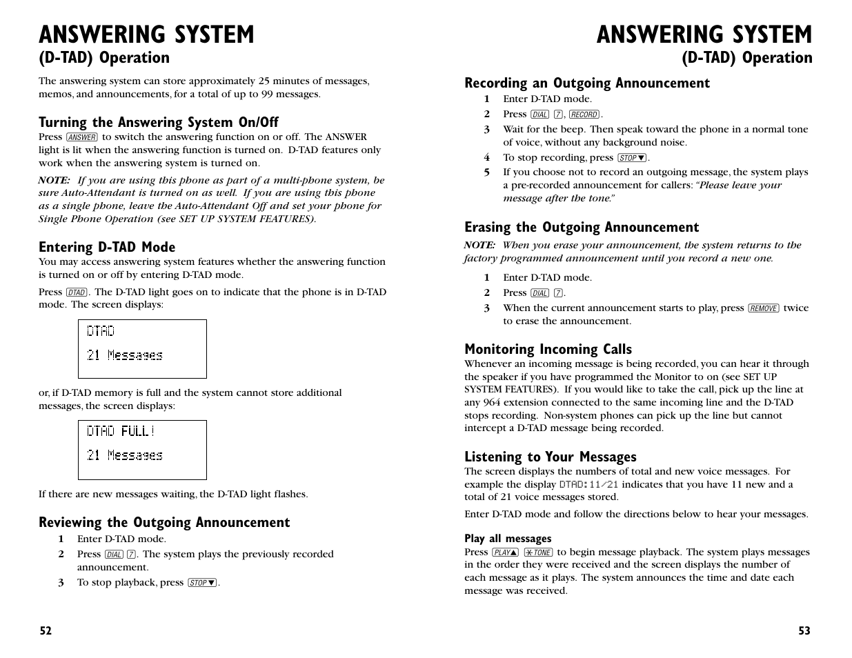 Answering system, D-tad) operation | AT&T 964 User Manual | Page 28 / 44