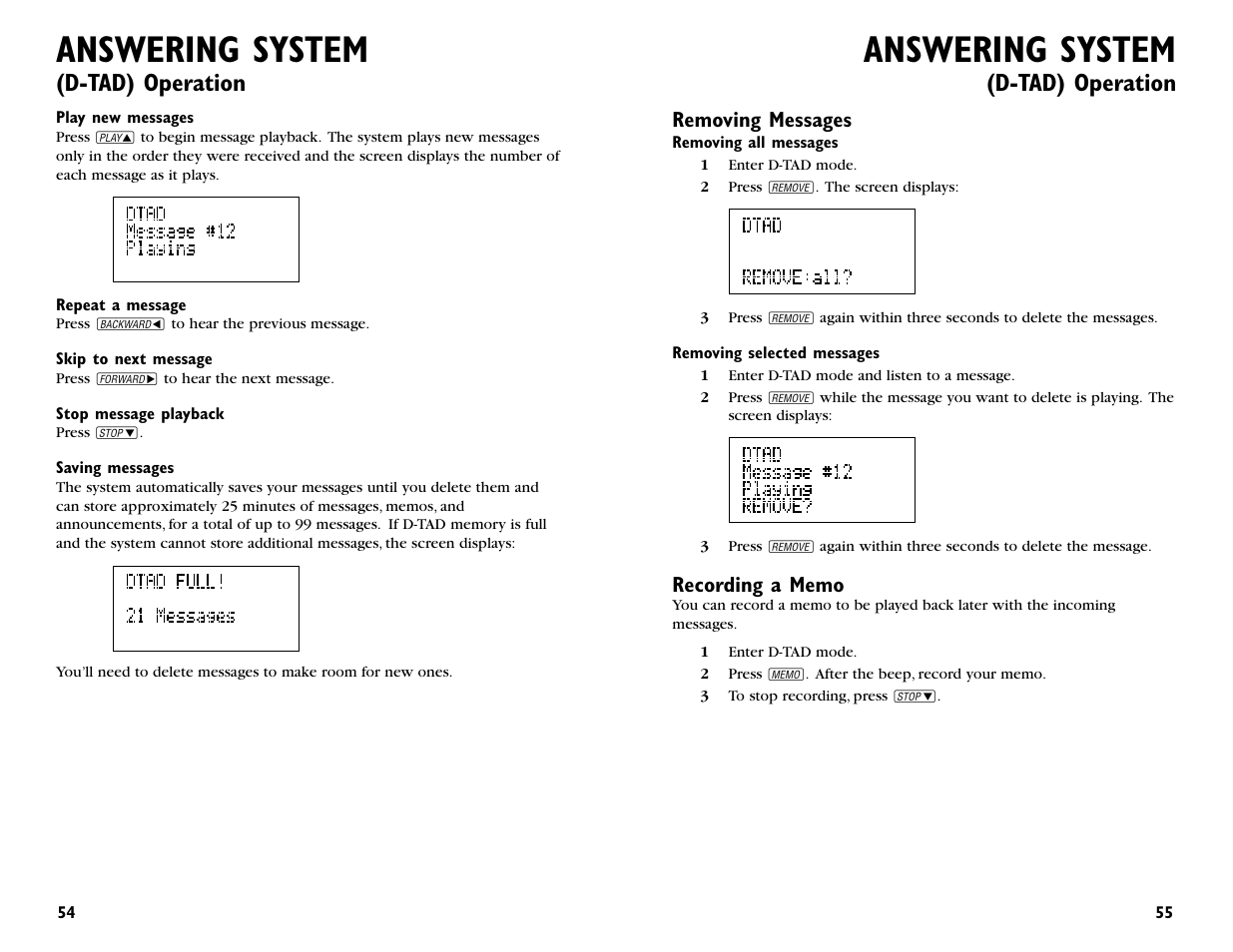 Answering system, D-tad) operation | AT&T 964 User Manual | Page 29 / 44