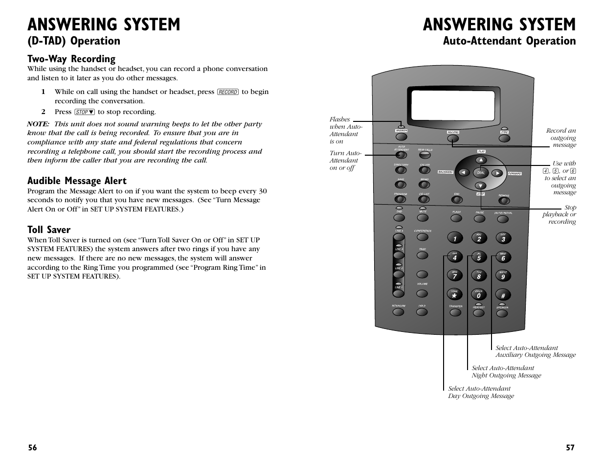 Answering system, Auto-attendant operation, D-tad) operation | AT&T 964 User Manual | Page 30 / 44