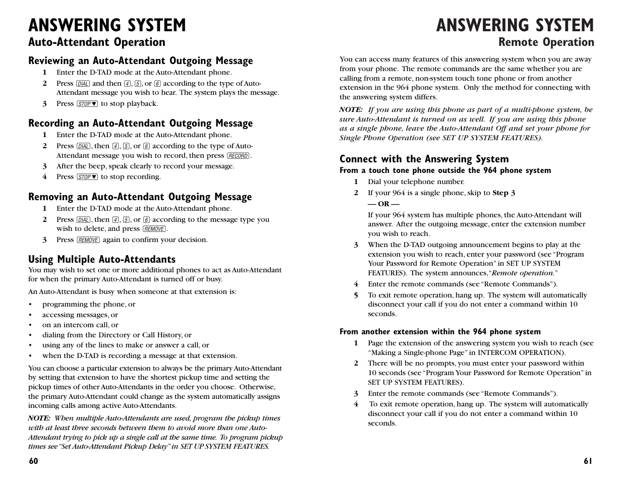 Answering system, Remote operation, Auto-attendant operation | AT&T 964 User Manual | Page 32 / 44