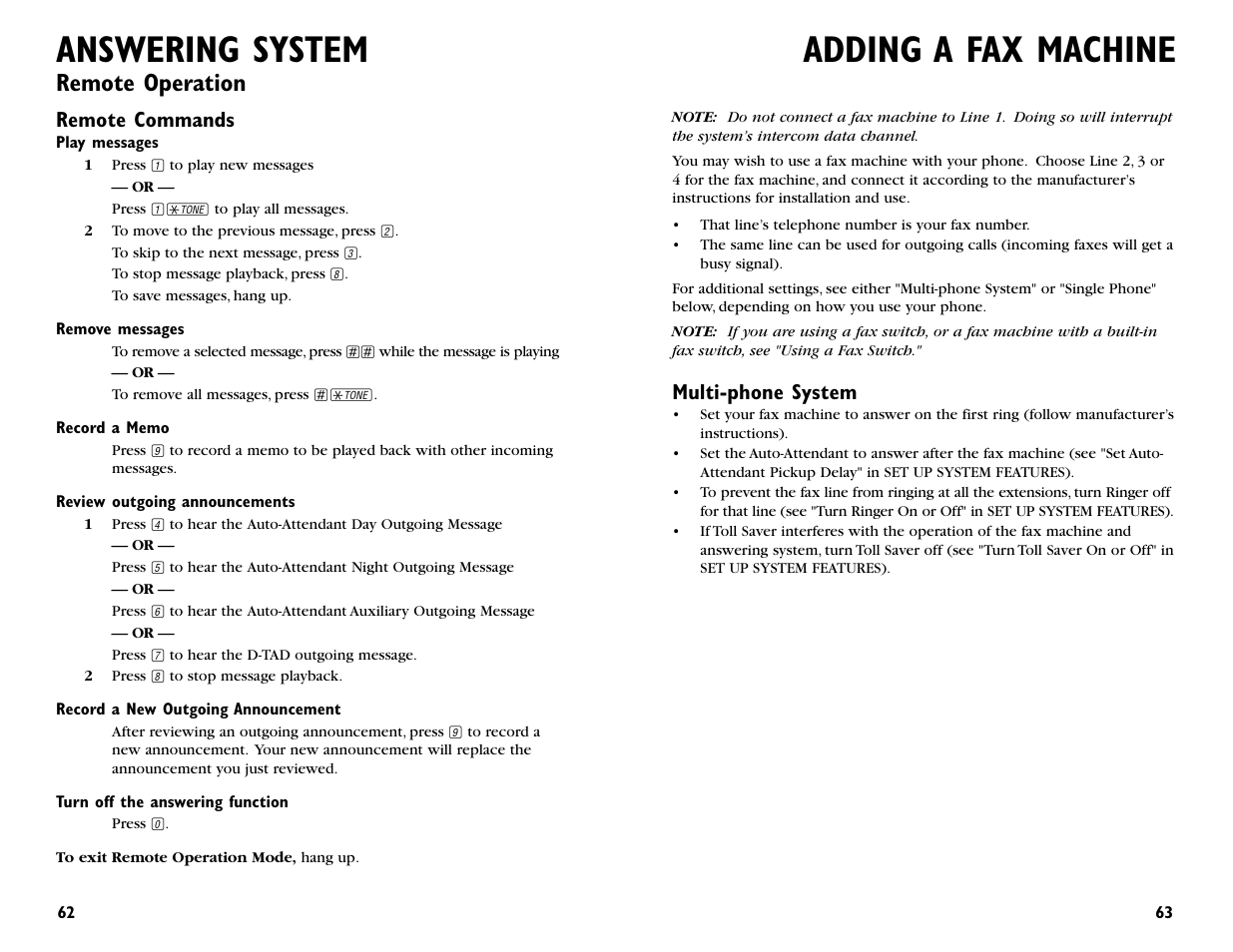 Adding a fax machine, Answering system, Remote operation | AT&T 964 User Manual | Page 33 / 44