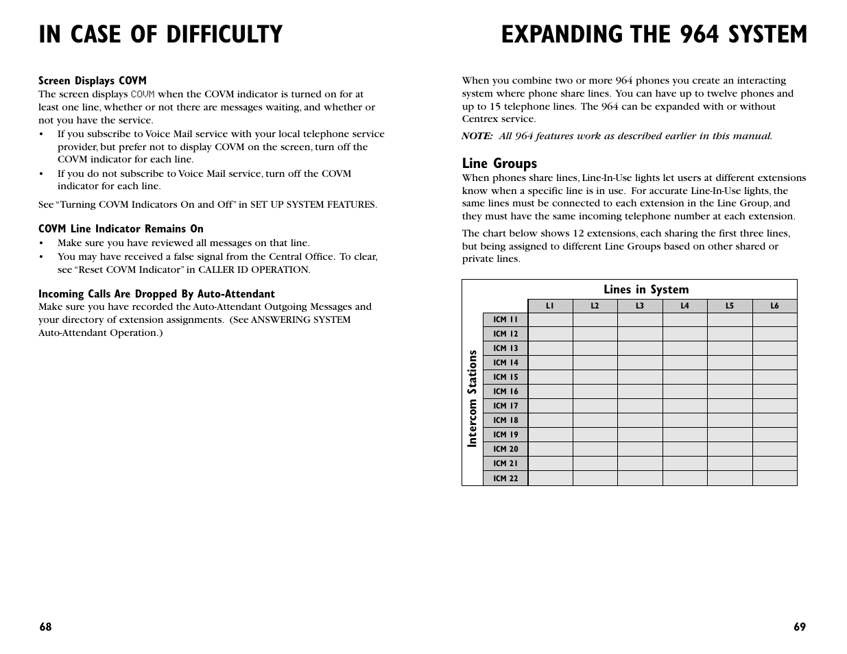Expanding the 964 system, Line groups, Lines in system inter com sta tions | AT&T 964 User Manual | Page 36 / 44
