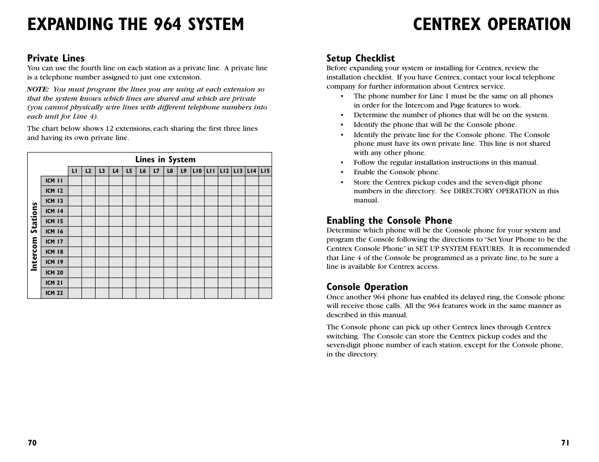 Expanding the 964 system centrex operation, Setup checklist, Enabling the console phone | Console operation, Private lines, Lines in system inter com sta tions | AT&T 964 User Manual | Page 37 / 44