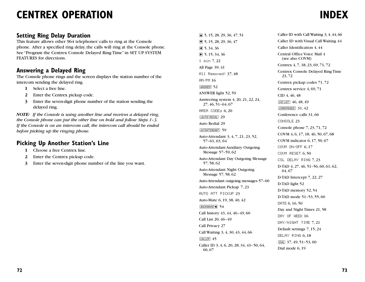 Index, Centrex operation, Setting ring delay duration | Answering a delayed ring, Picking up another station’s line | AT&T 964 User Manual | Page 38 / 44