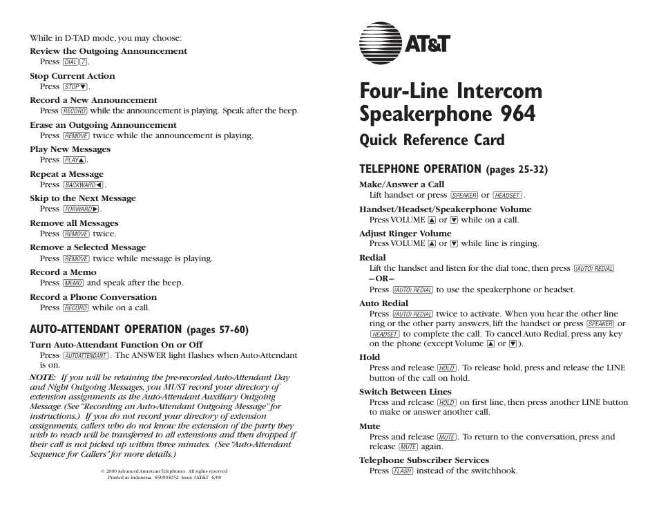 Four-line intercom speakerphone 964, Quick reference card, Telephone operation | Auto-attendant operation | AT&T 964 User Manual | Page 41 / 44