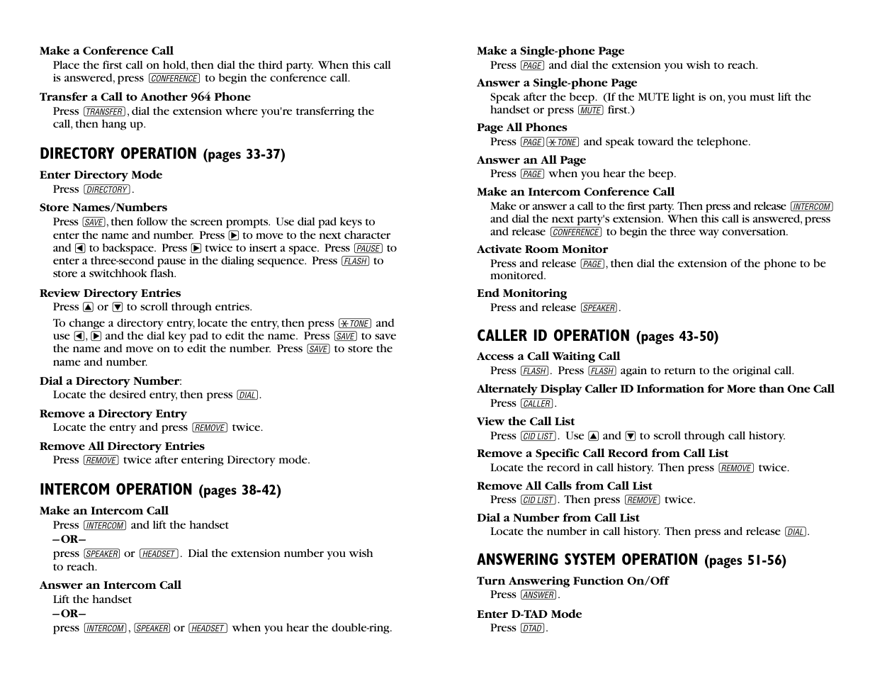 Caller id operation, Answering system operation, Directory operation | Intercom operation | AT&T 964 User Manual | Page 42 / 44