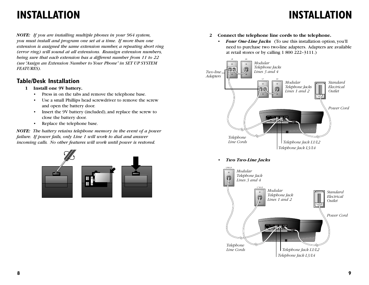 Installation, Table/desk installation | AT&T 964 User Manual | Page 6 / 44