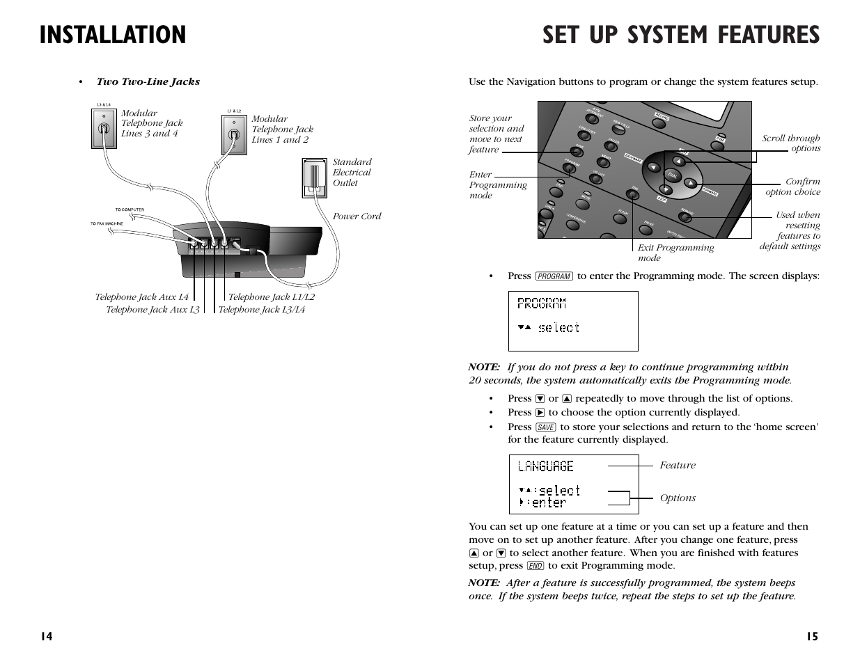 Set up system features, Installation | AT&T 964 User Manual | Page 9 / 44