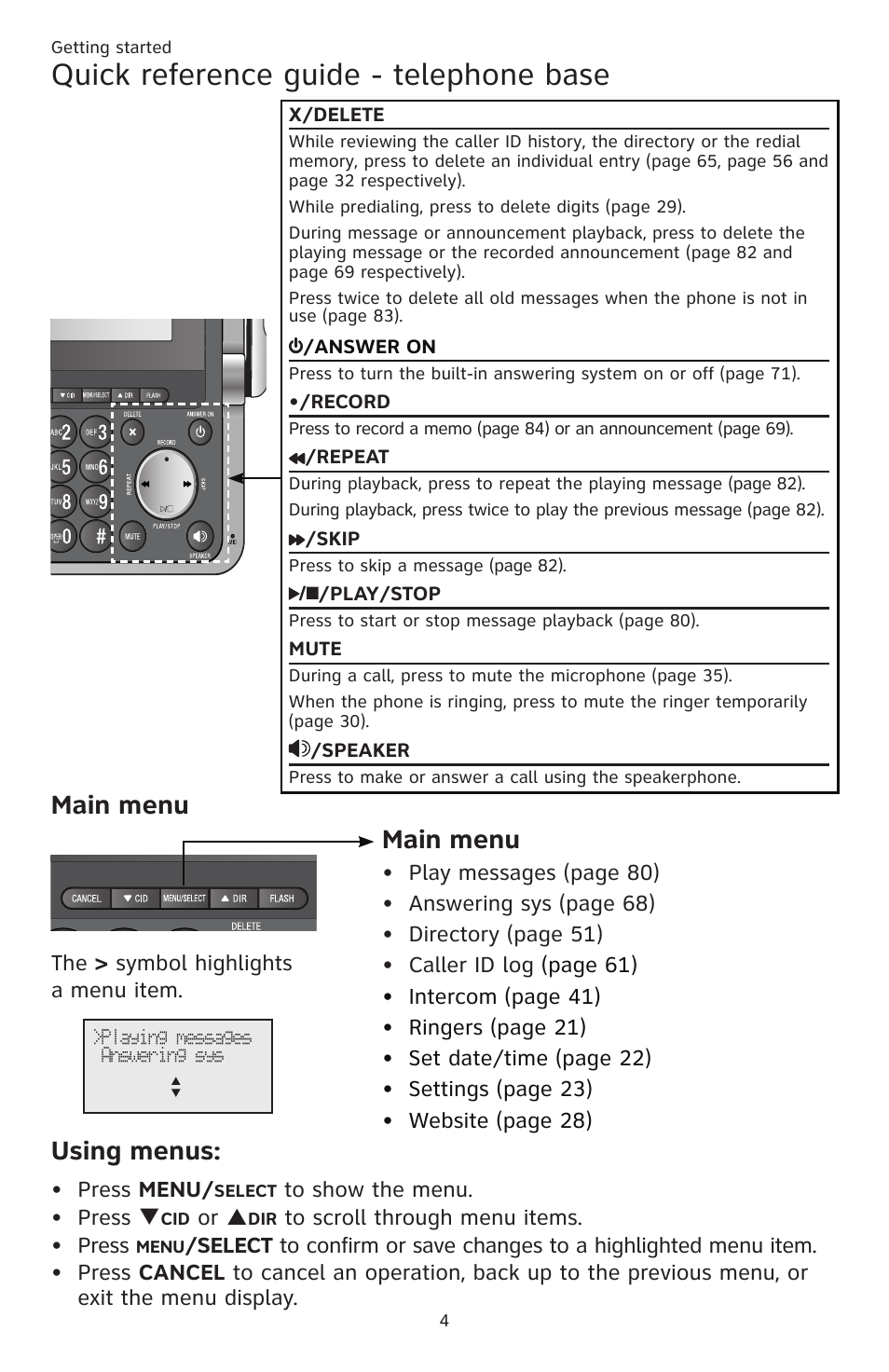 Quick reference guide - telephone base, Main menu, Using menus | AT&T CL83201 User Manual | Page 10 / 120