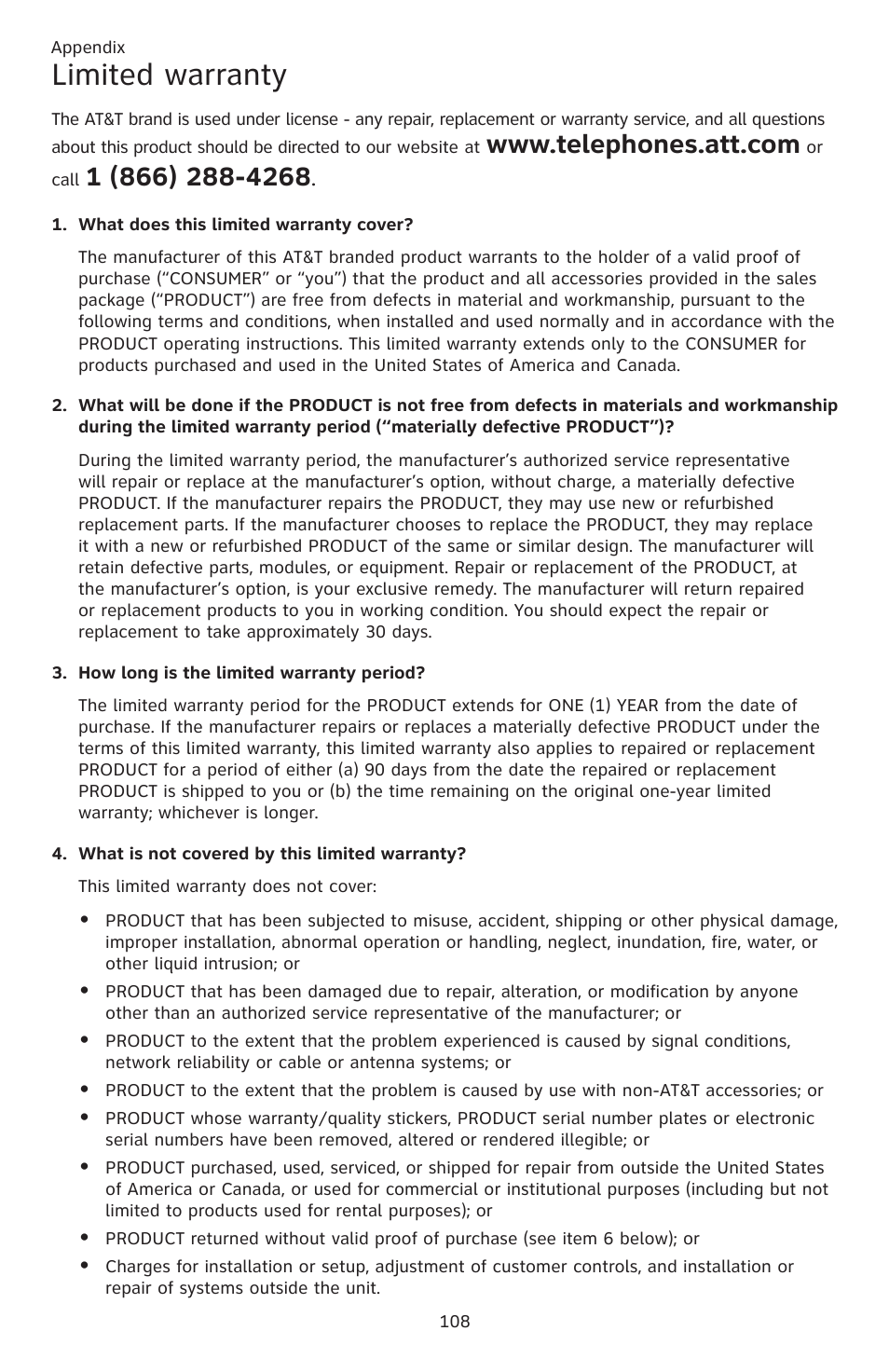 Limited warranty | AT&T CL83201 User Manual | Page 114 / 120