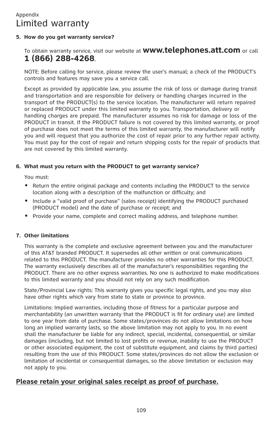 Limited warranty | AT&T CL83201 User Manual | Page 115 / 120