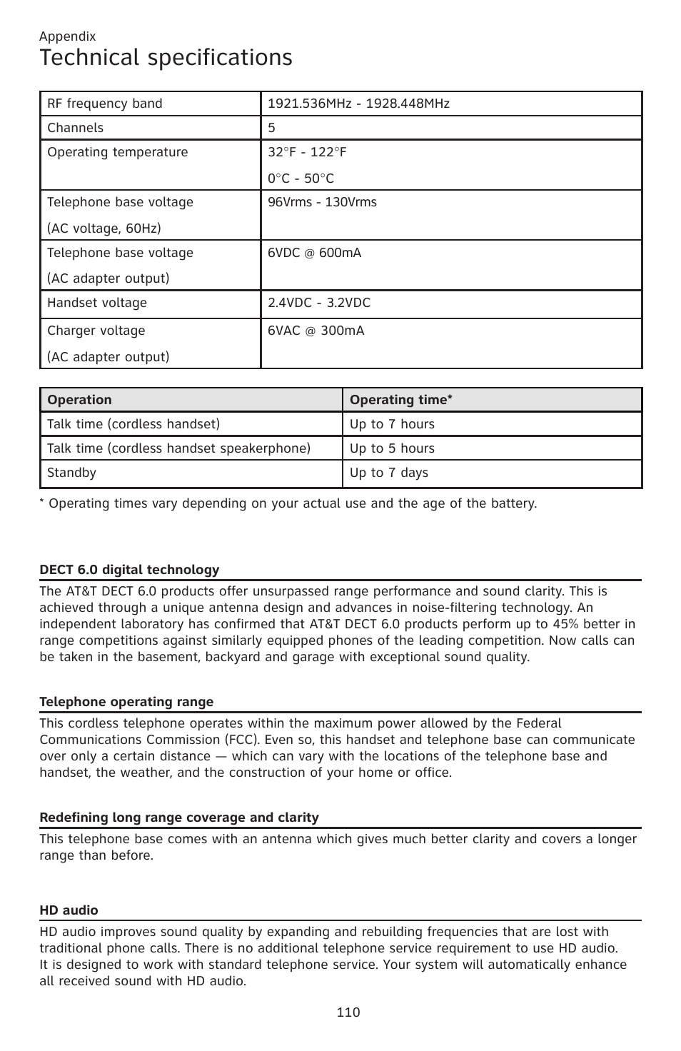 Technical specifications | AT&T CL83201 User Manual | Page 116 / 120