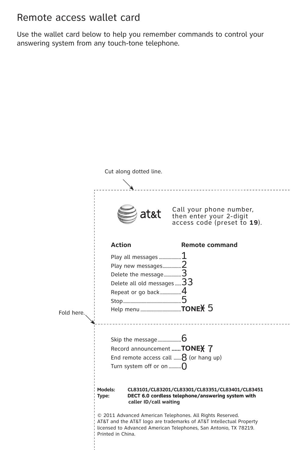 Remote access wallet card | AT&T CL83201 User Manual | Page 119 / 120