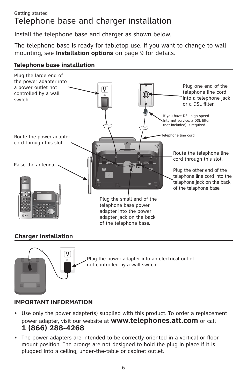 Telephone base and charger installation | AT&T CL83201 User Manual | Page 12 / 120