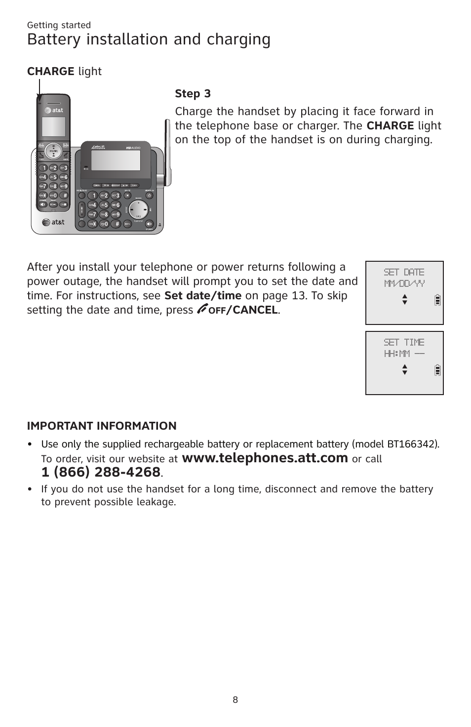 Battery installation and charging, Cancel | AT&T CL83201 User Manual | Page 14 / 120