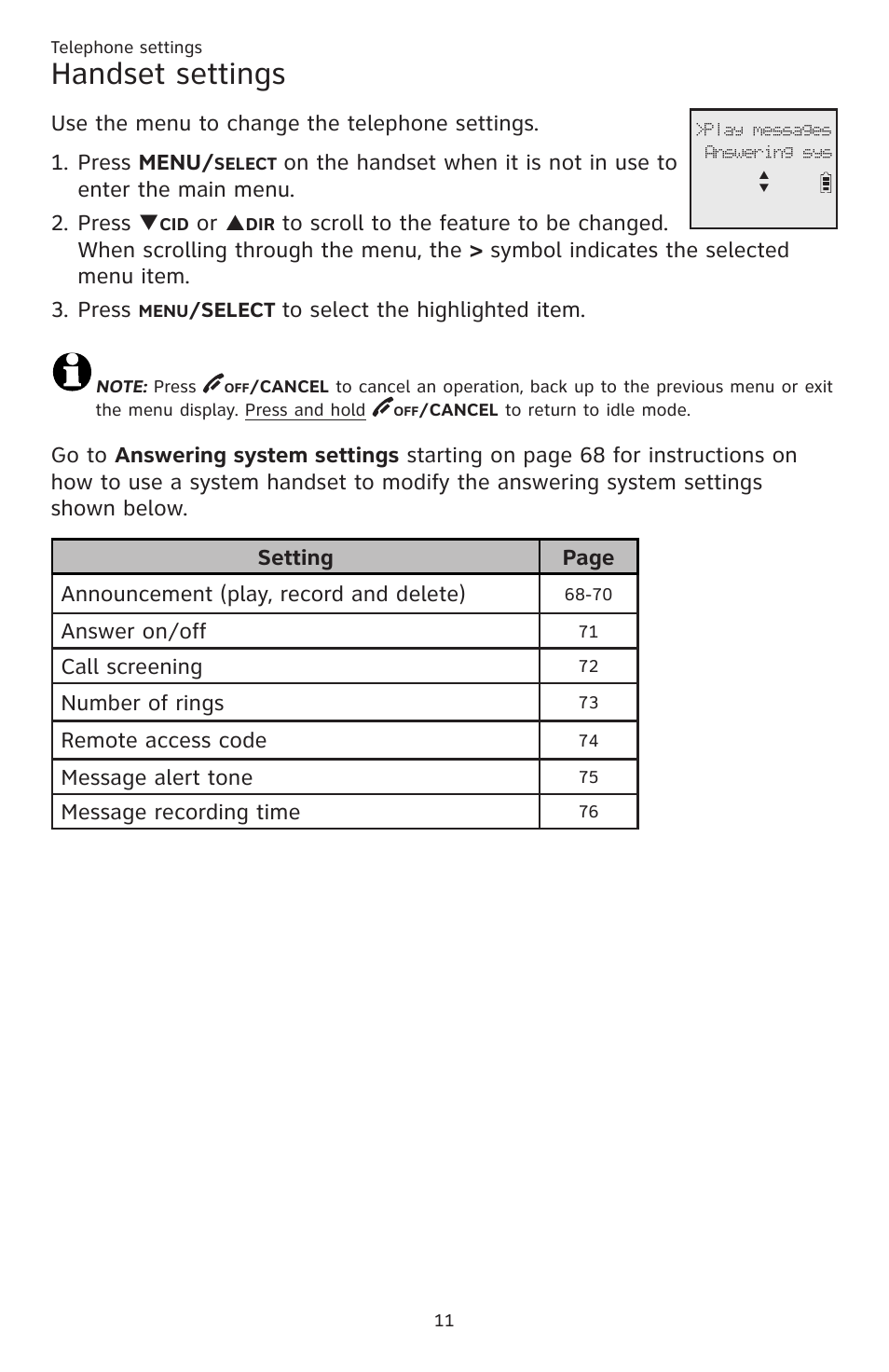 Handset settings, Answer on/off, Call screening | Number of rings, Remote access code, Message alert tone, Message recording time | AT&T CL83201 User Manual | Page 17 / 120