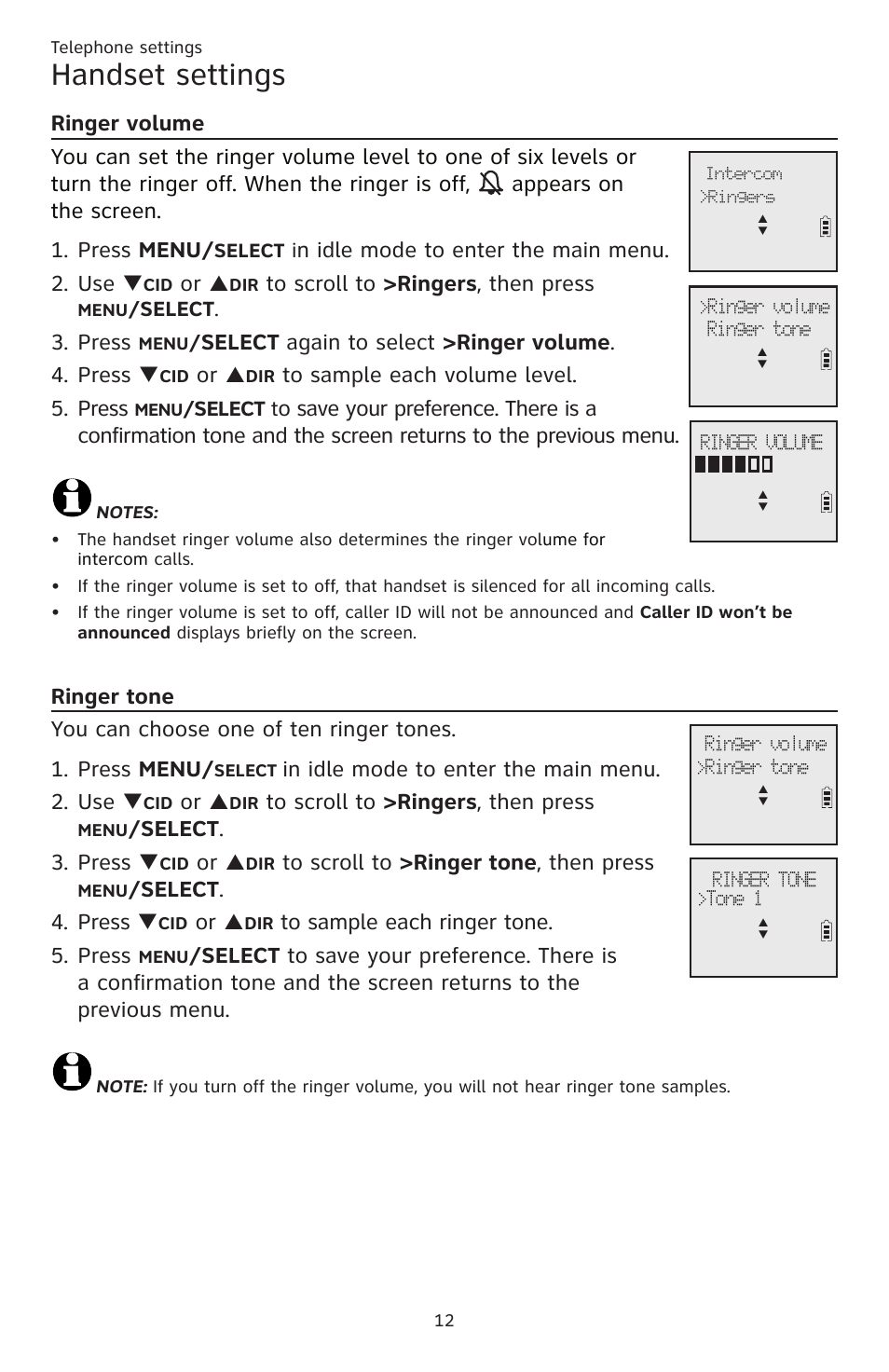 Handset settings, N idle mode to enter the main menu. 2. use, Press | Elect, Again to select >ringer volume . 4. press, Elect . 3. press, Elect . 4. press | AT&T CL83201 User Manual | Page 18 / 120