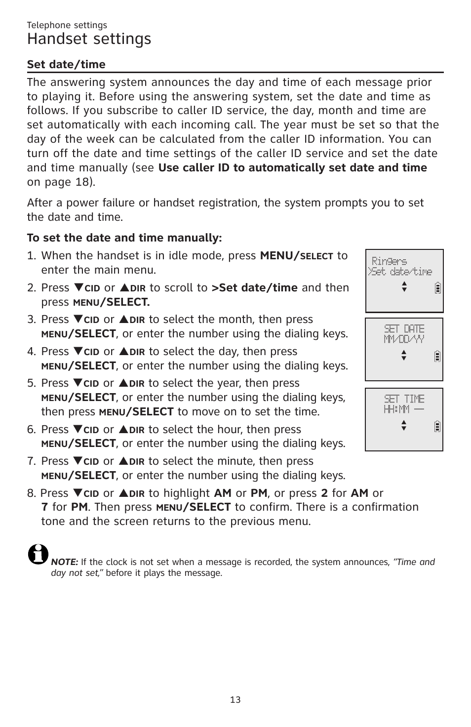 Handset settings, Elect. 3. press, Elect to move on to set the time. 6. press | AT&T CL83201 User Manual | Page 19 / 120