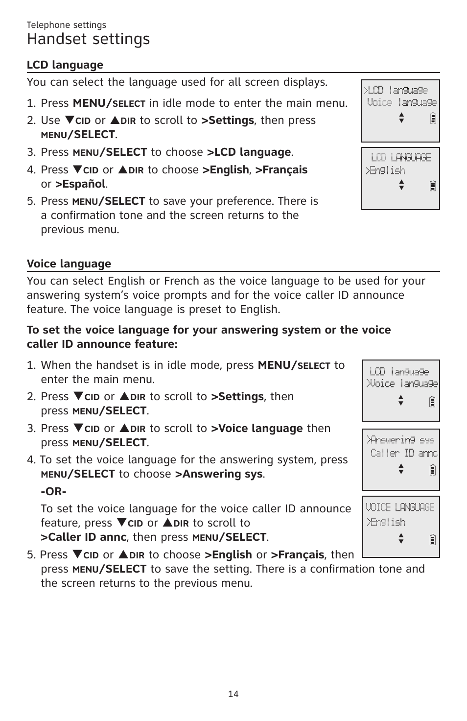 Handset settings, Elect . 3. press, Elect to choose >lcd language . 4. press | Or p, Elect . 3. press q, Elect . 5. press q | AT&T CL83201 User Manual | Page 20 / 120