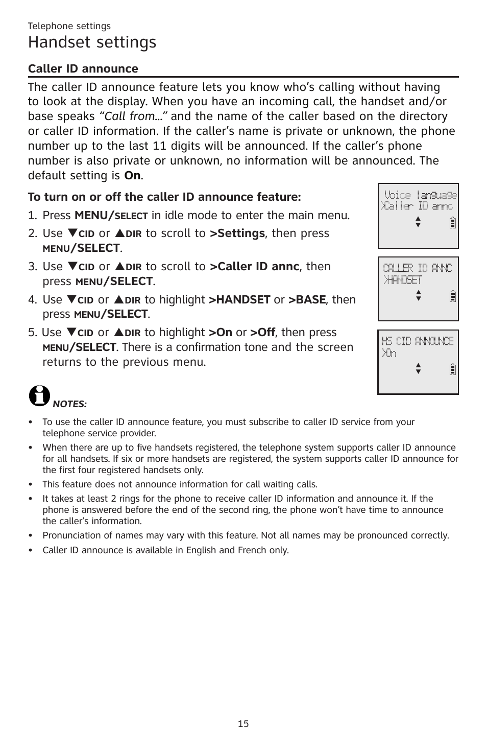 Handset settings, Elect . 3. use, Elect . 4. use | Elect . 5. use | AT&T CL83201 User Manual | Page 21 / 120