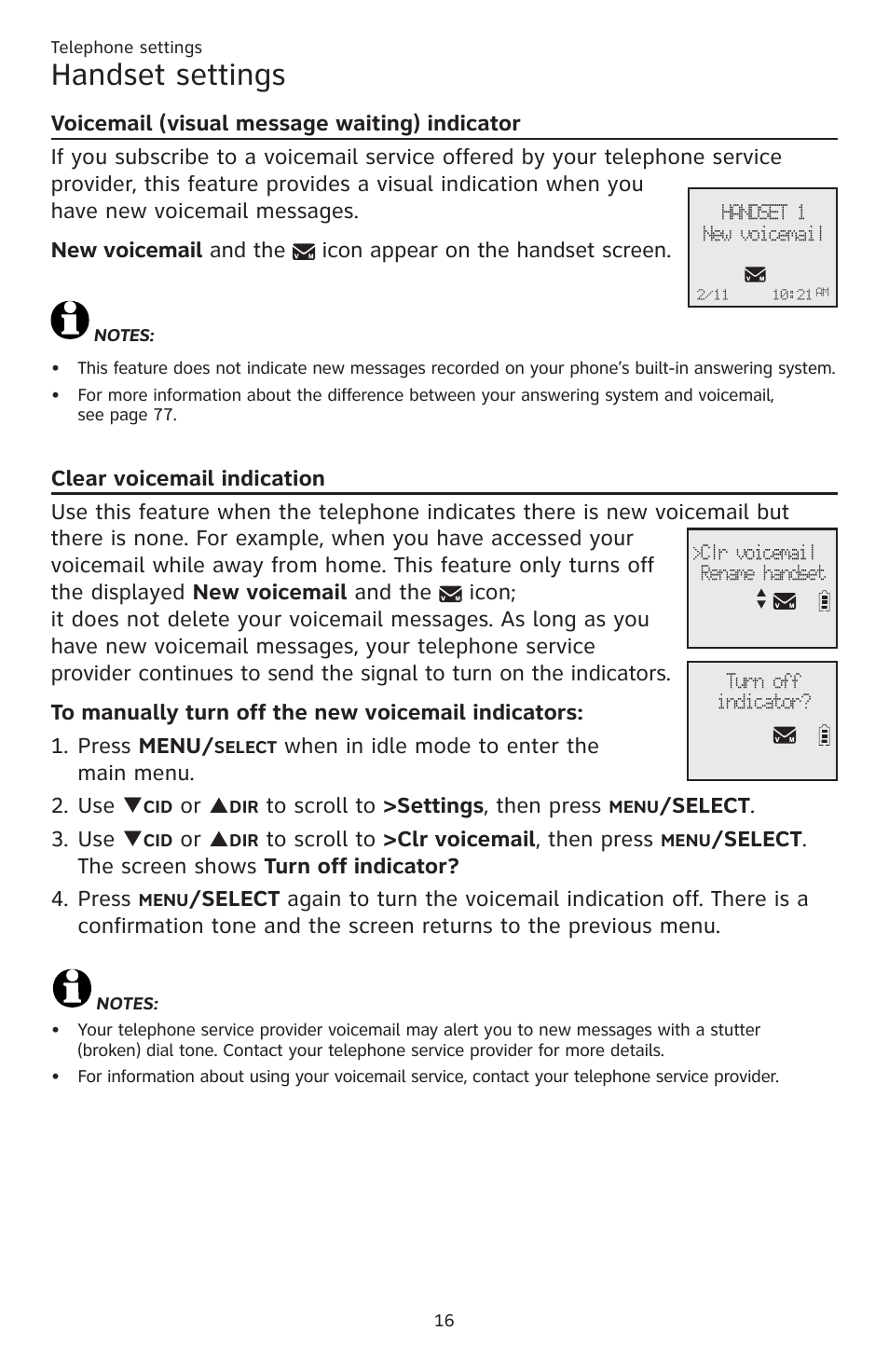 Handset settings, When in idle mode to enter the main menu. 2. use, Elect . 3. use | AT&T CL83201 User Manual | Page 22 / 120