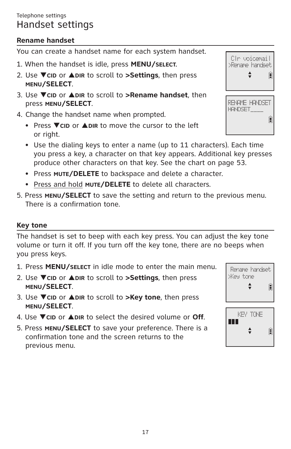 Handset settings, Elect . 3. use, Delete to delete all characters. 5. press | Elect . 4. use | AT&T CL83201 User Manual | Page 23 / 120